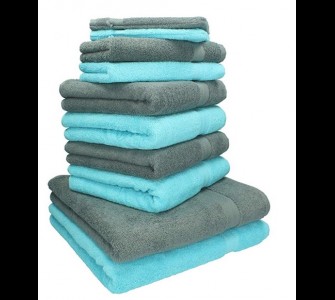 Set de 10 serviettes de bain coloris bleu turquoise et gris acier